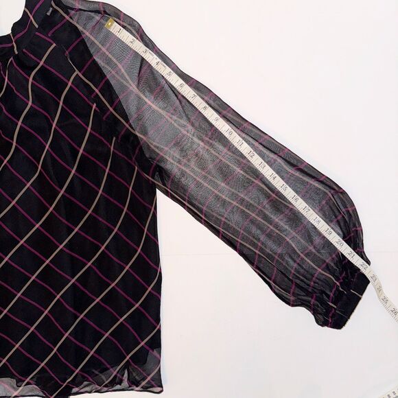 Milly Sioane Windowpane Print Silk Chiffon Top Black Pink Blouse Sheer Sleeves L - Picture 12 of 16